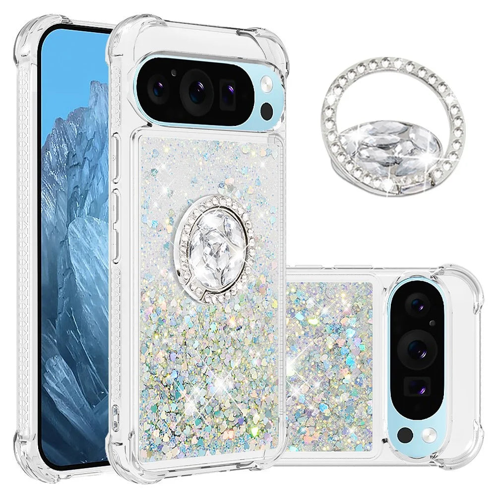 For Google Pixel 10 Pro XL TPU Case with Kickstand Quicksand Shockproof Cover - Silver / Hearts - 1