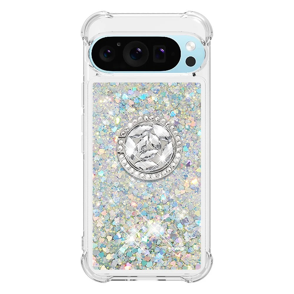 For Google Pixel 10 Pro XL TPU Case with Kickstand Quicksand Shockproof Cover - Silver / Hearts - 2