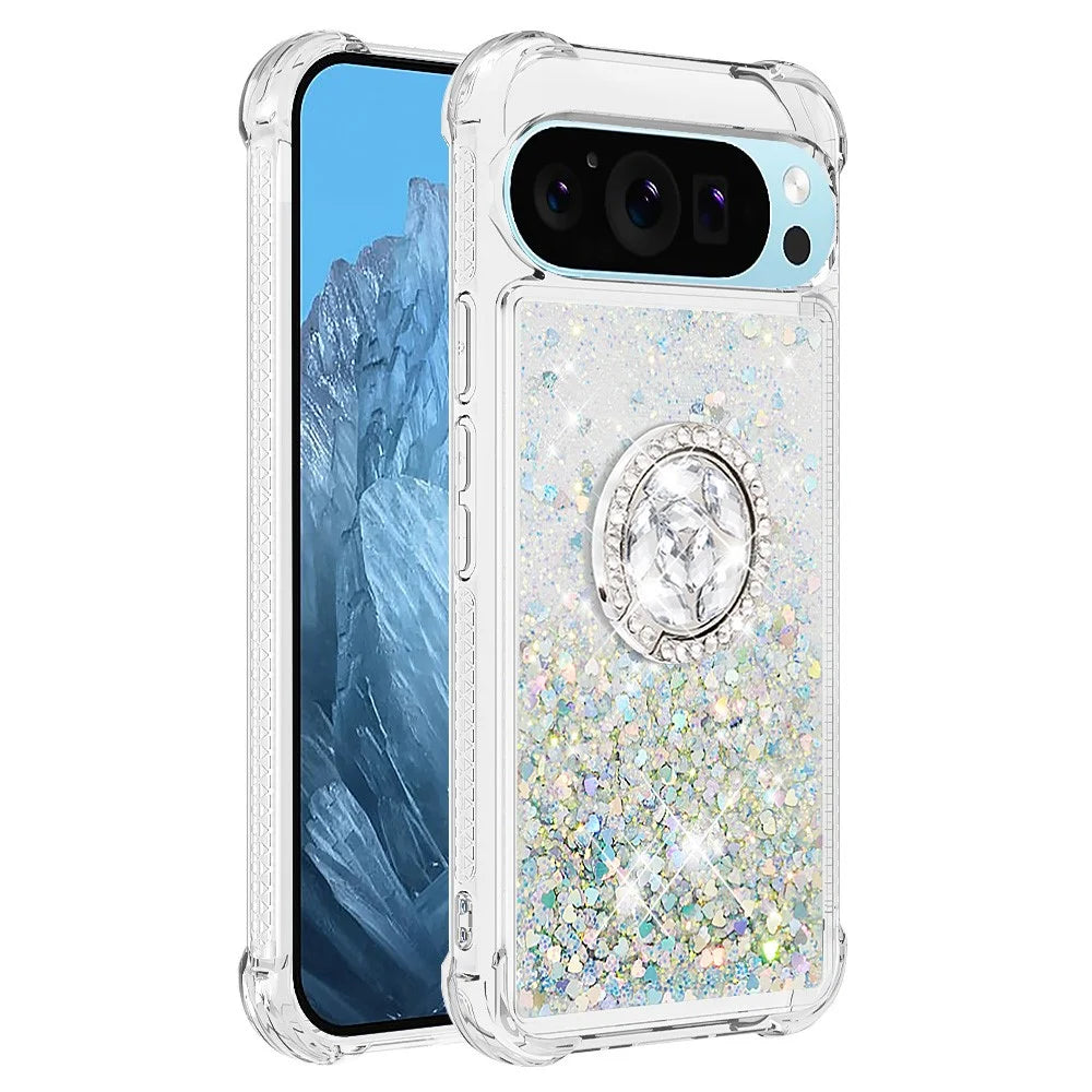 For Google Pixel 10 Pro XL TPU Case with Kickstand Quicksand Shockproof Cover - Silver / Hearts - 3