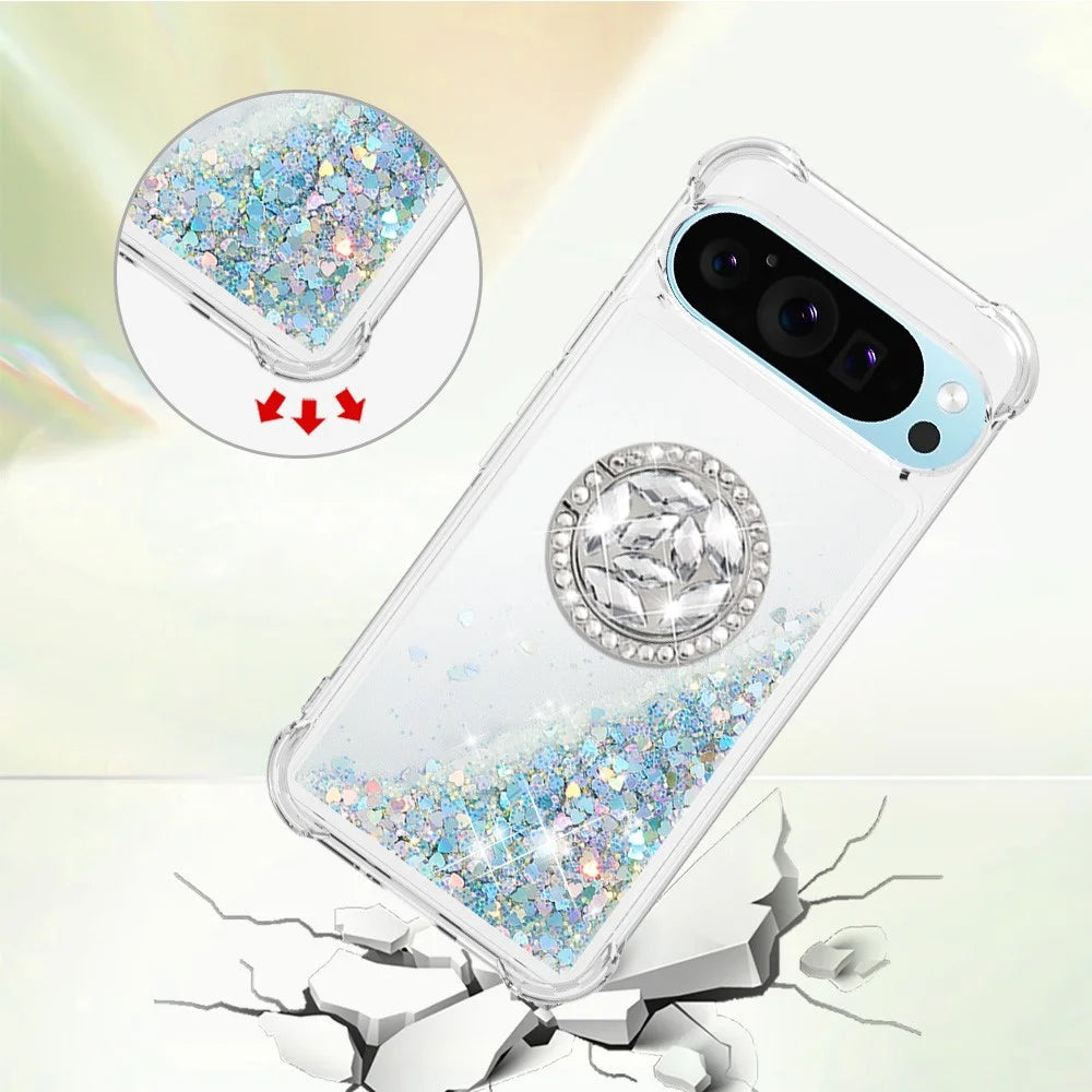 For Google Pixel 10 Pro XL TPU Case with Kickstand Quicksand Shockproof Cover - Silver / Hearts - 4