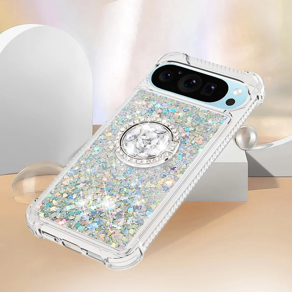 For Google Pixel 10 Pro XL TPU Case with Kickstand Quicksand Shockproof Cover - Silver / Hearts - 5