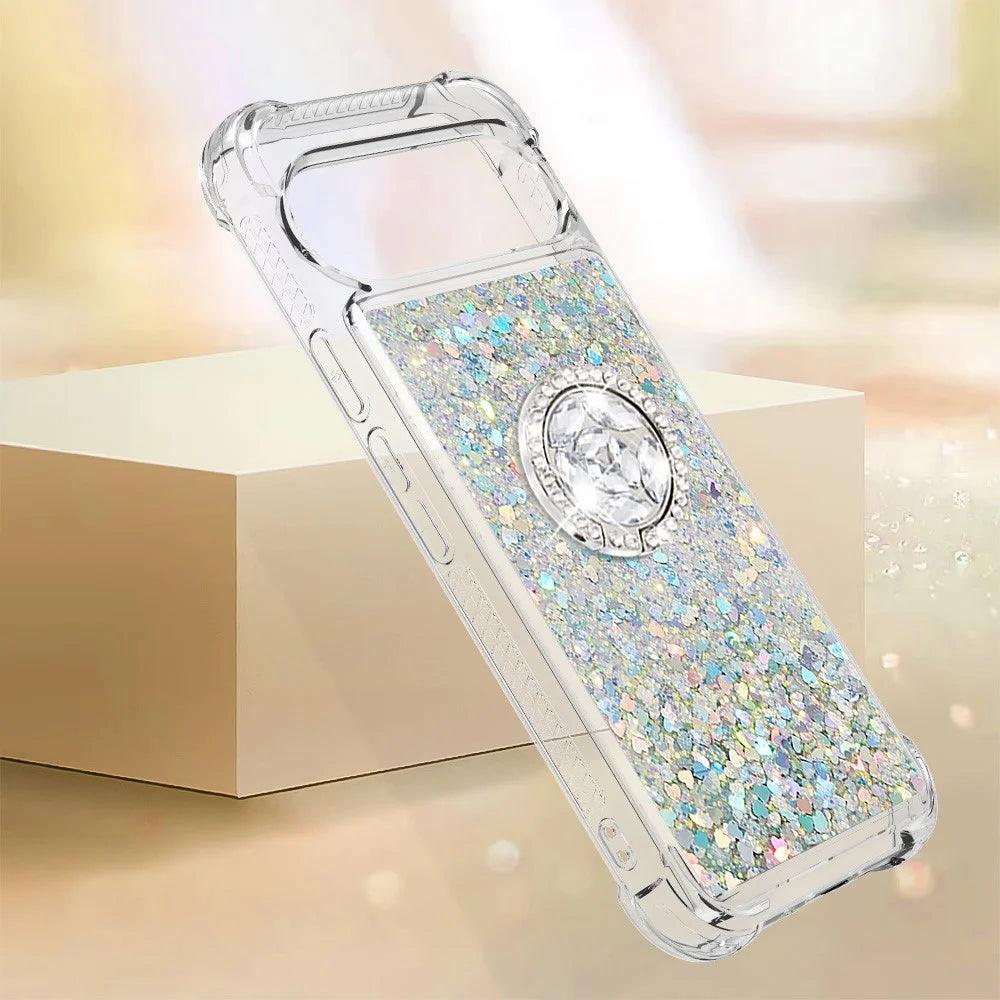 For Google Pixel 10 Pro XL TPU Case with Kickstand Quicksand Shockproof Cover - Silver / Hearts - 6
