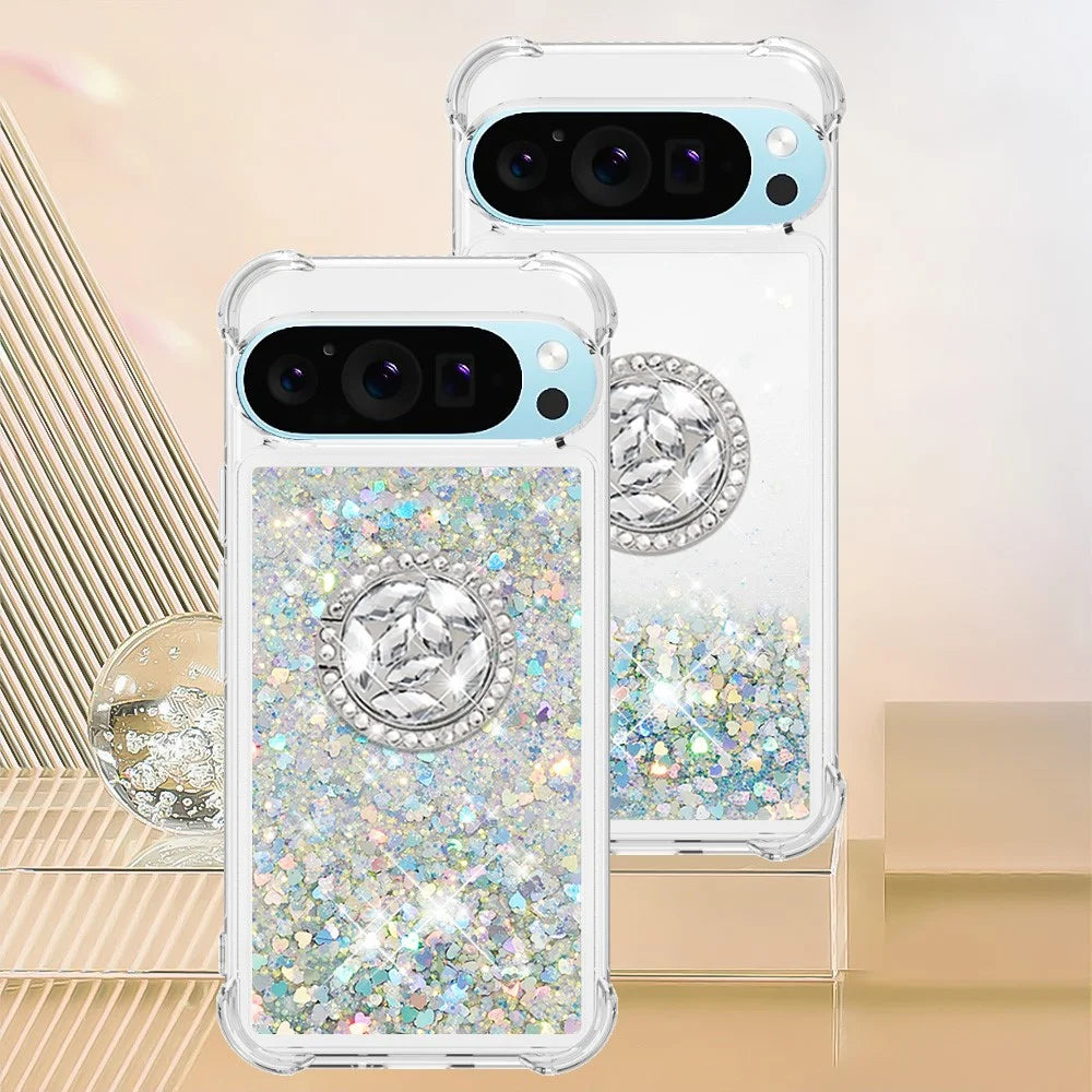 For Google Pixel 10 Pro XL TPU Case with Kickstand Quicksand Shockproof Cover - Silver / Hearts - 7