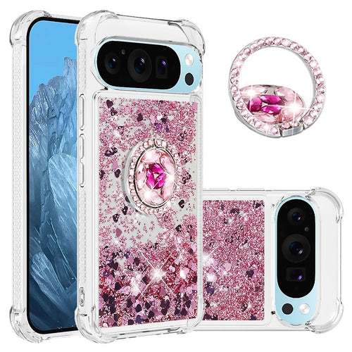 For Google Pixel 10 Pro / 10 TPU Case with Kickstand Quicksand Shockproof Cover - Rose Gold / Hearts - 1