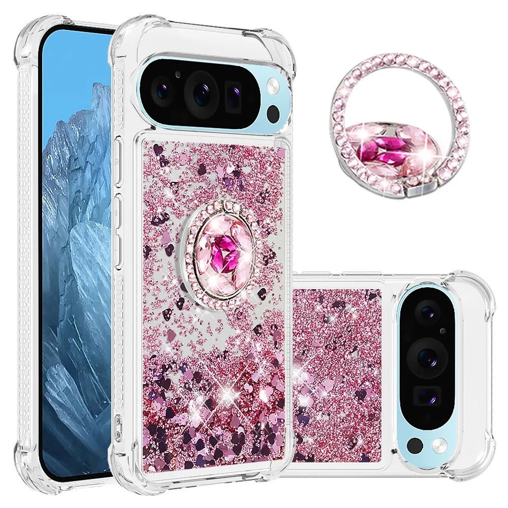 For Google Pixel 10 Pro / 10 TPU Case with Kickstand Quicksand Shockproof Cover - Rose Gold / Hearts - 1