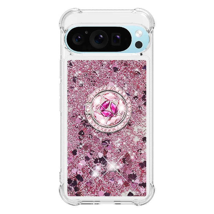 For Google Pixel 10 Pro / 10 TPU Case with Kickstand Quicksand Shockproof Cover - Rose Gold / Hearts - 2