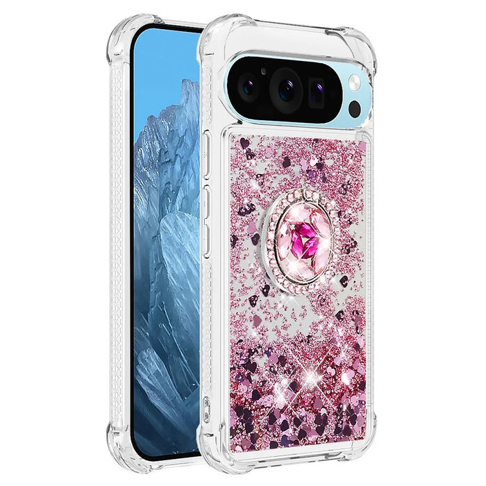 For Google Pixel 10 Pro / 10 TPU Case with Kickstand Quicksand Shockproof Cover - Rose Gold / Hearts - 3