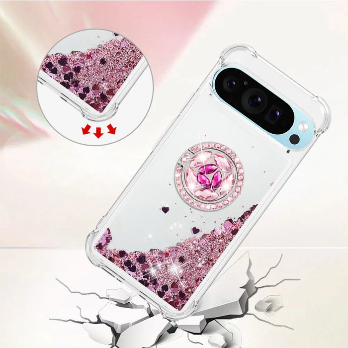 For Google Pixel 10 Pro / 10 TPU Case with Kickstand Quicksand Shockproof Cover - Rose Gold / Hearts - 4