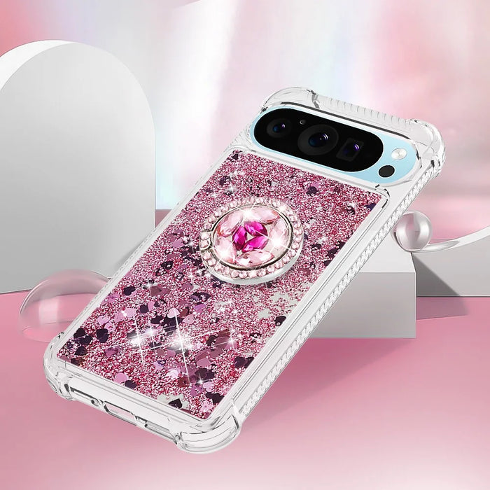 For Google Pixel 10 Pro / 10 TPU Case with Kickstand Quicksand Shockproof Cover - Rose Gold / Hearts - 5