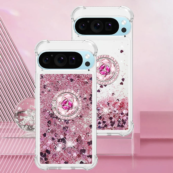 For Google Pixel 10 Pro / 10 TPU Case with Kickstand Quicksand Shockproof Cover - Rose Gold / Hearts - 7