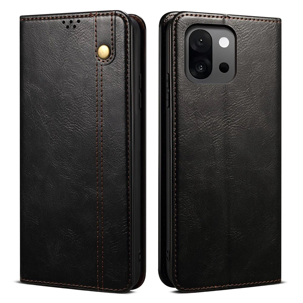 For OnePlus 13T 5G Case Crazy Horse Texture Waxy Leather Wallet Stand Phone Cover - Black - 1