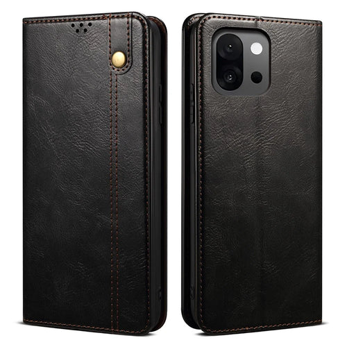 For OnePlus 13T 5G Case Crazy Horse Texture Waxy Leather Wallet Stand Phone Cover - Black - 1