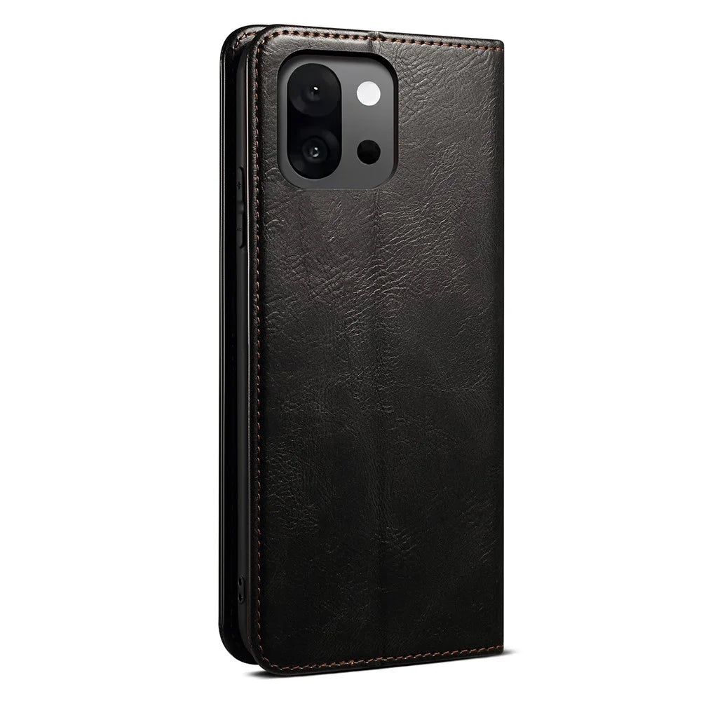 For OnePlus 13T 5G Case Crazy Horse Texture Waxy Leather Wallet Stand Phone Cover - Black - 7