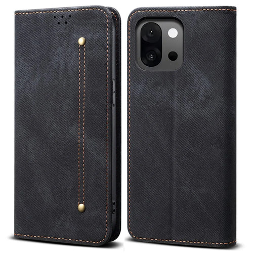 For OnePlus 13T 5G Case Jeans Cloth Texture Anti-Scratch Leather Stand Phone Cover - Black - 1