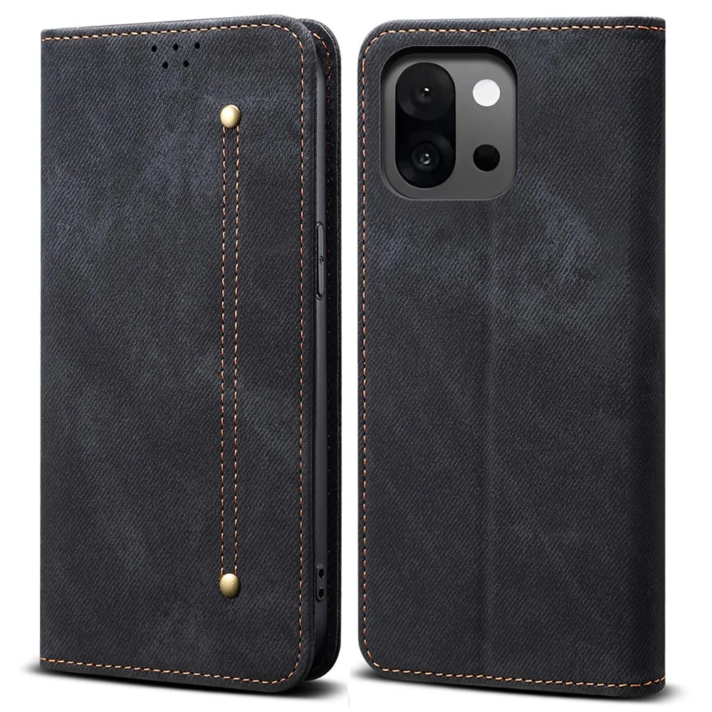 For OnePlus 13T 5G Case Jeans Cloth Texture Anti-Scratch Leather Stand Phone Cover - Black - 1