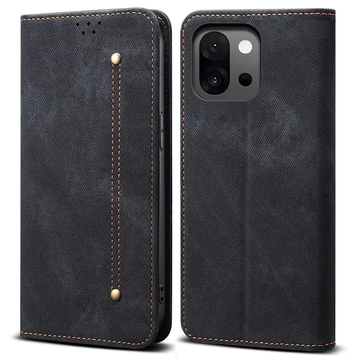 For OnePlus 13T 5G Case Jeans Cloth Texture Anti-Scratch Leather Stand Phone Cover - Black - 1