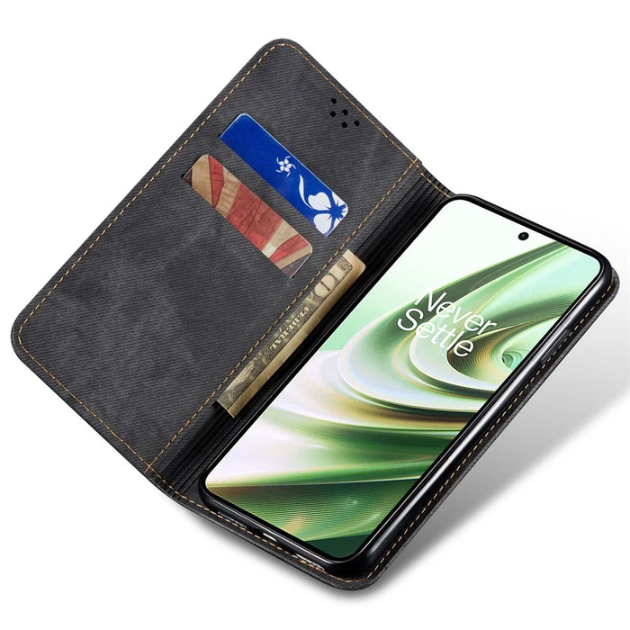 For OnePlus 13T 5G Case Jeans Cloth Texture Anti-Scratch Leather Stand Phone Cover - Black - 2