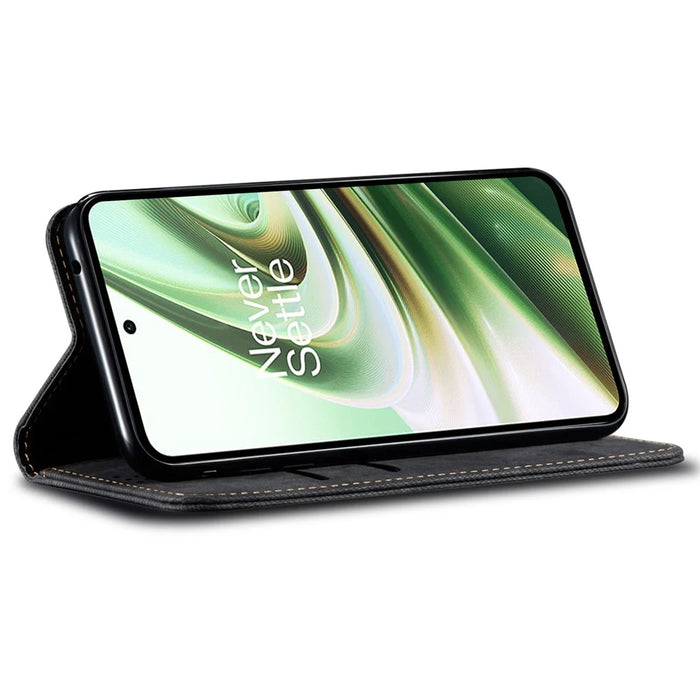 For OnePlus 13T 5G Case Jeans Cloth Texture Anti-Scratch Leather Stand Phone Cover - Black - 3
