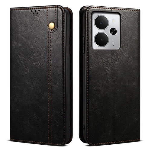 For Realme 14 5G Case Crazy Horse Texture Waxy Leather Wallet Stand Phone Cover - Black - 1