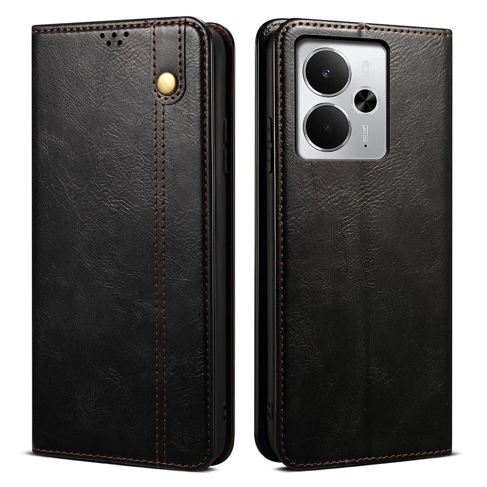 For Realme 14 5G Case Crazy Horse Texture Waxy Leather Wallet Stand Phone Cover - Black - 1