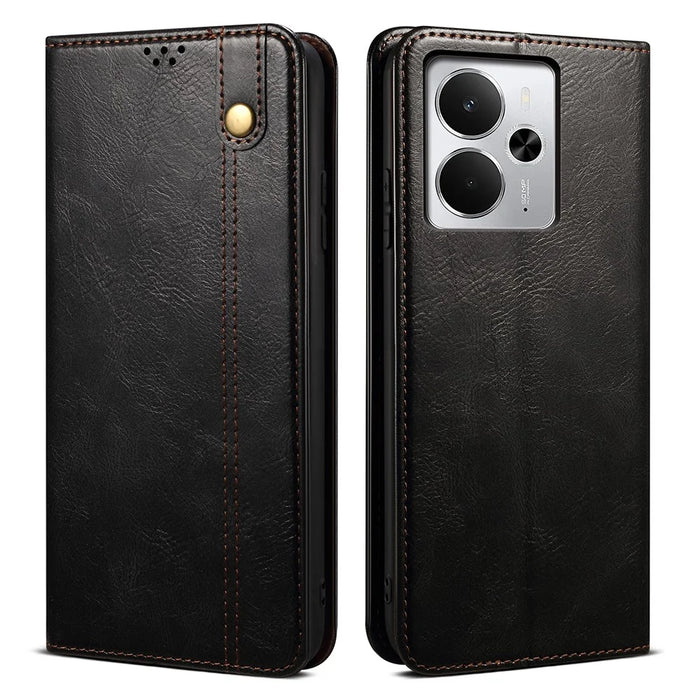 For Realme 14 5G Case Crazy Horse Texture Waxy Leather Wallet Stand Phone Cover - Black - 1