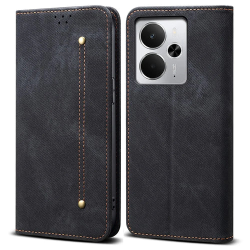 For Realme 14 5G Case Jeans Cloth Texture Anti-Scratch Leather Stand Phone Cover - Black - 1