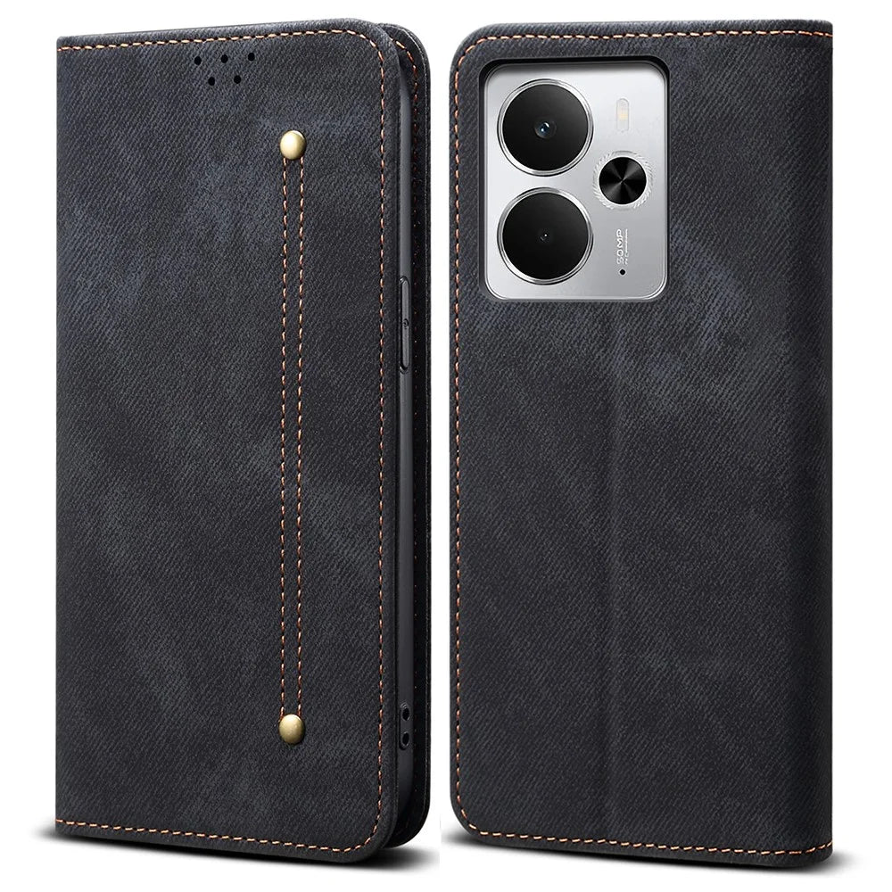 For Realme 14 5G Case Jeans Cloth Texture Anti-Scratch Leather Stand Phone Cover - Black - 1