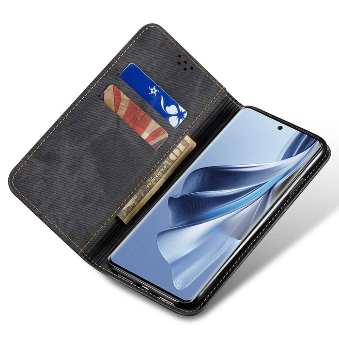 For Realme 14 5G Case Jeans Cloth Texture Anti-Scratch Leather Stand Phone Cover - Black - 2