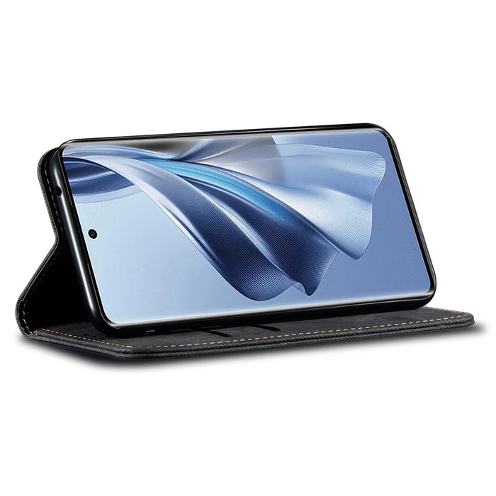 For Realme 14 5G Case Jeans Cloth Texture Anti-Scratch Leather Stand Phone Cover - Black - 3