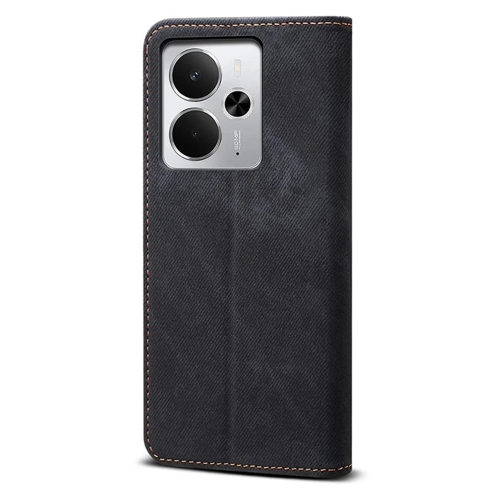 For Realme 14 5G Case Jeans Cloth Texture Anti-Scratch Leather Stand Phone Cover - Black - 6