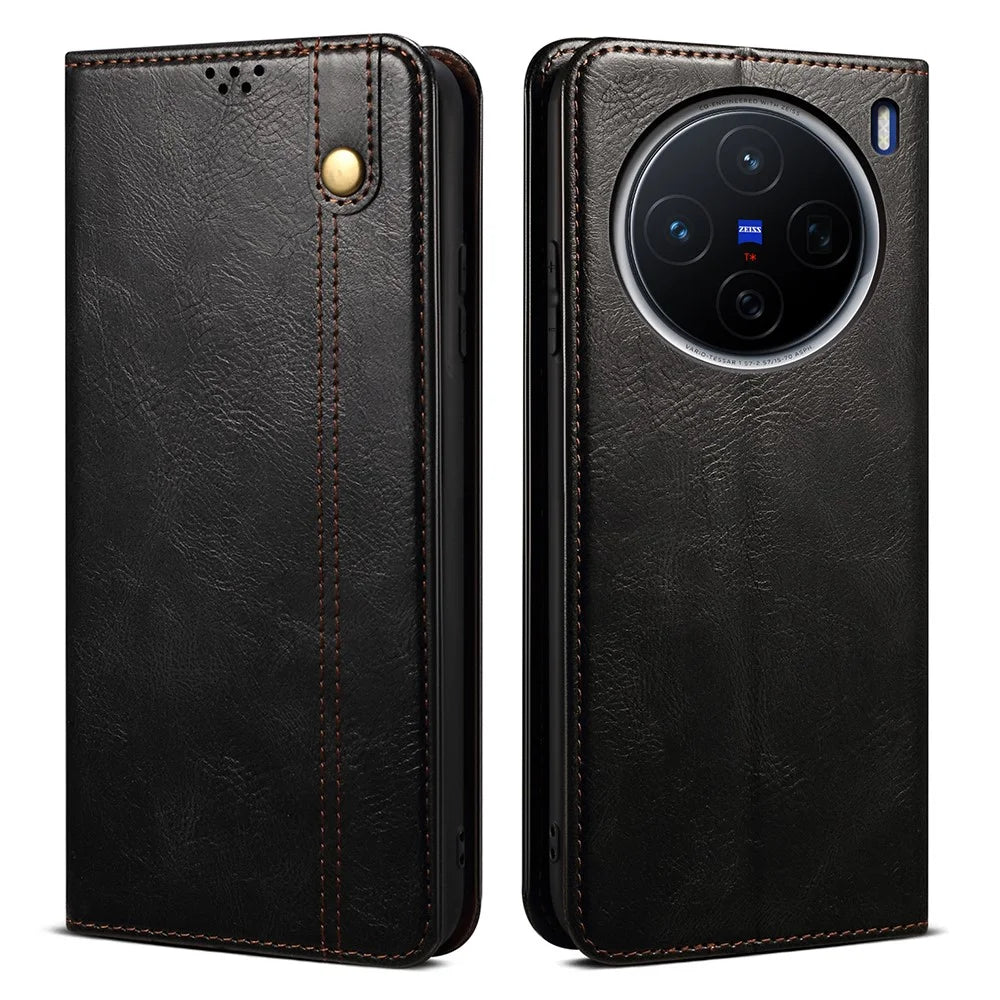 For vivo X200s 5G Case Crazy Horse Texture Waxy Leather Wallet Stand Phone Cover - Black - 1