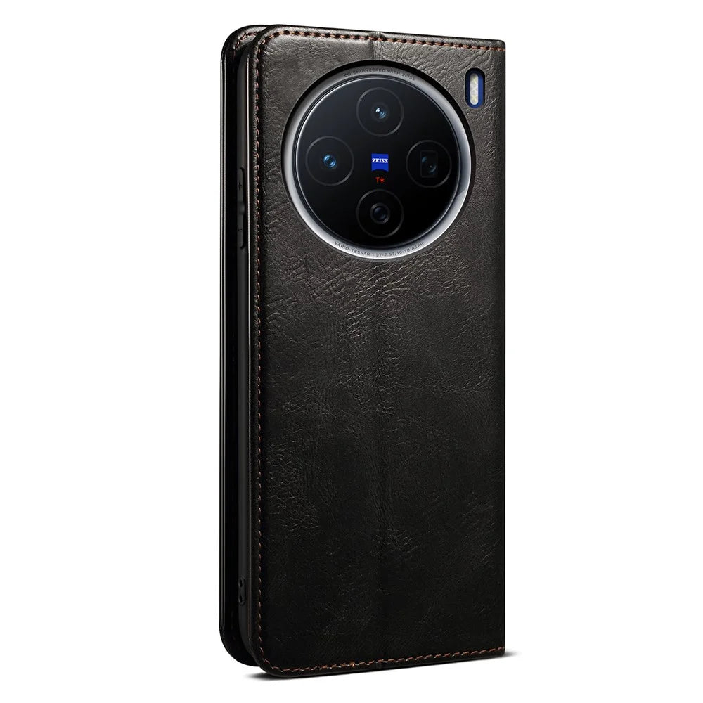For vivo X200s 5G Case Crazy Horse Texture Waxy Leather Wallet Stand Phone Cover - Black - 7