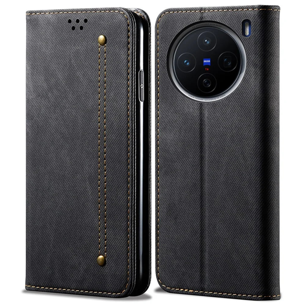 For vivo X200s 5G Case Jeans Cloth Texture Anti-Scratch Leather Stand Phone Cover - Black - 1