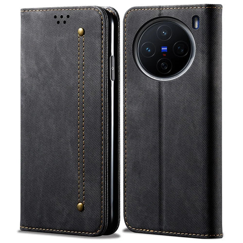 For vivo X200s 5G Case Jeans Cloth Texture Anti-Scratch Leather Stand Phone Cover - Black - 1