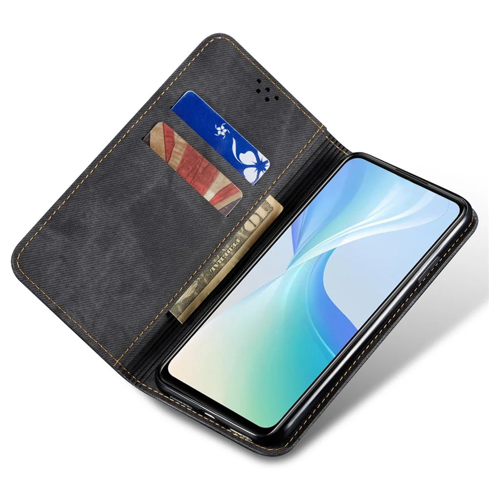 For vivo X200s 5G Case Jeans Cloth Texture Anti-Scratch Leather Stand Phone Cover - Black - 2