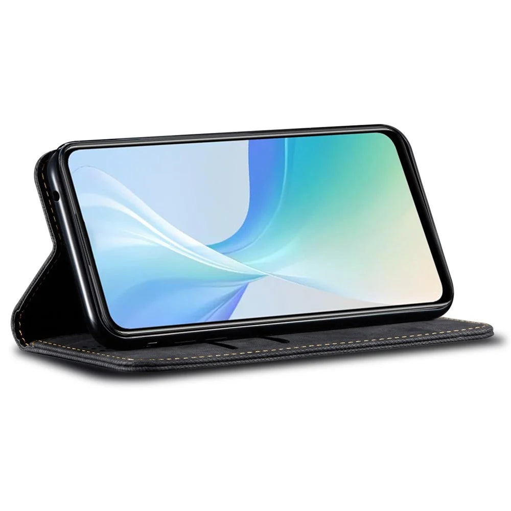 For vivo X200s 5G Case Jeans Cloth Texture Anti-Scratch Leather Stand Phone Cover - Black - 3
