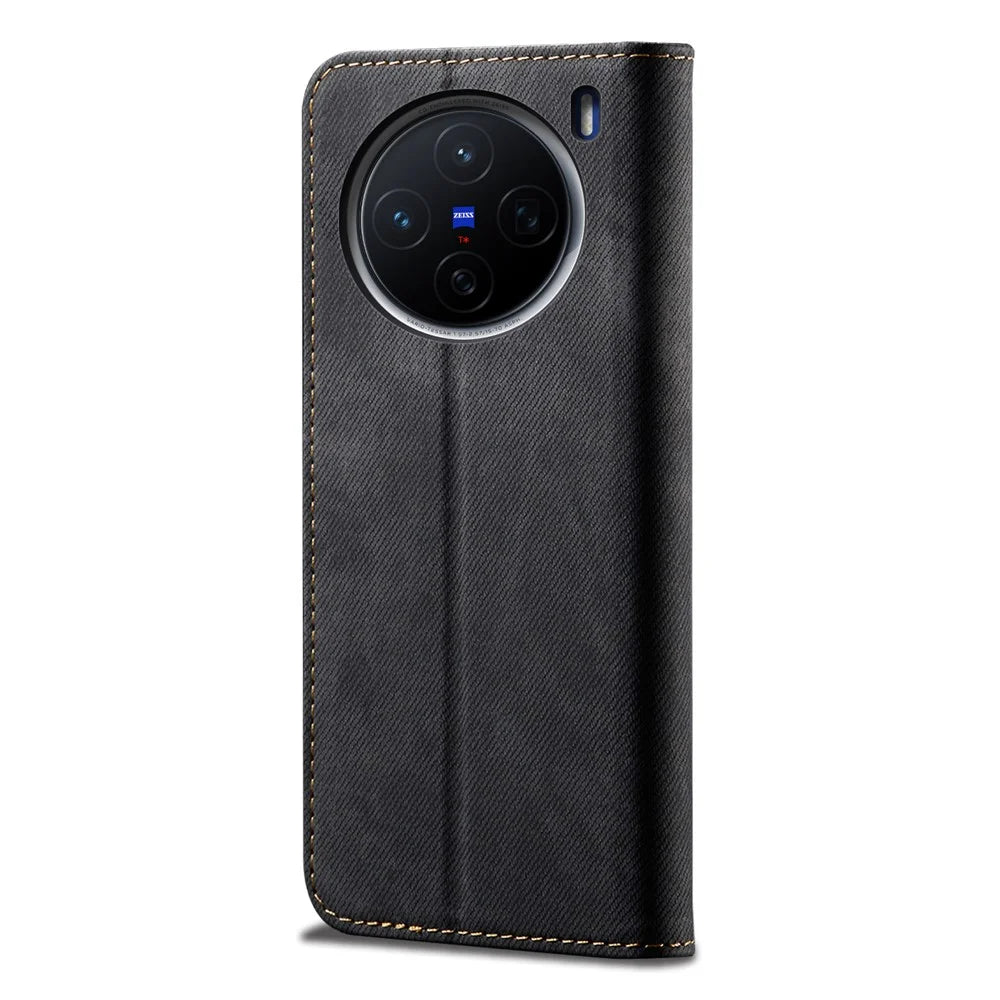 For vivo X200s 5G Case Jeans Cloth Texture Anti-Scratch Leather Stand Phone Cover - Black - 6