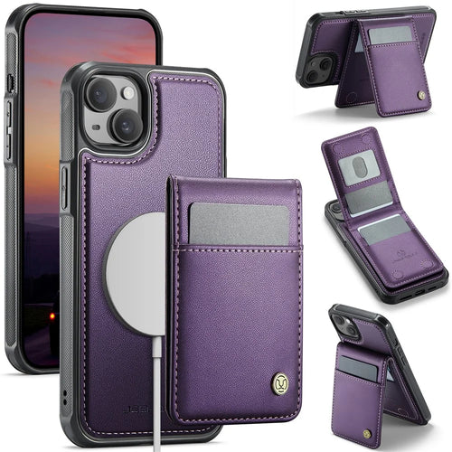 JEEHOOD For iPhone 14 Leather Back Cover Compatible with MagSafe  J06 Phone Case with Card Bag RFID Blocking - Purple - 1