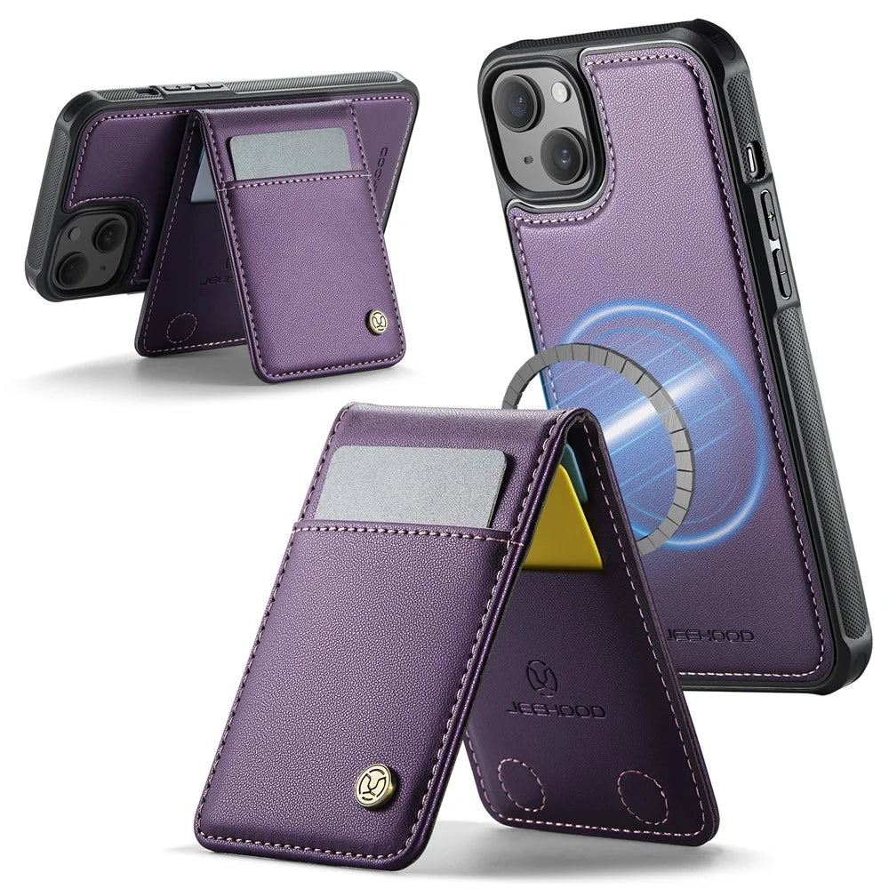 JEEHOOD For iPhone 14 Leather Back Cover Compatible with MagSafe  J06 Phone Case with Card Bag RFID Blocking - Purple - 2