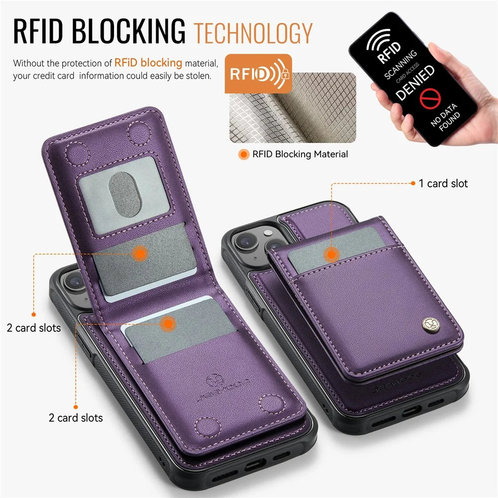 JEEHOOD For iPhone 14 Leather Back Cover Compatible with MagSafe  J06 Phone Case with Card Bag RFID Blocking - Purple - 3