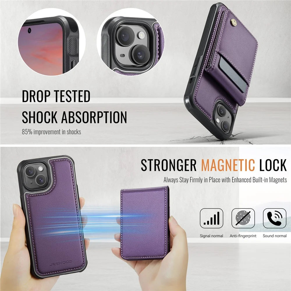 JEEHOOD For iPhone 14 Leather Back Cover Compatible with MagSafe  J06 Phone Case with Card Bag RFID Blocking - Purple - 5