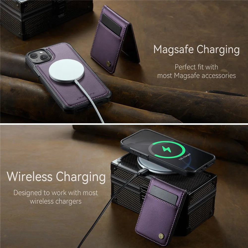 JEEHOOD For iPhone 14 Leather Back Cover Compatible with MagSafe  J06 Phone Case with Card Bag RFID Blocking - Purple - 7