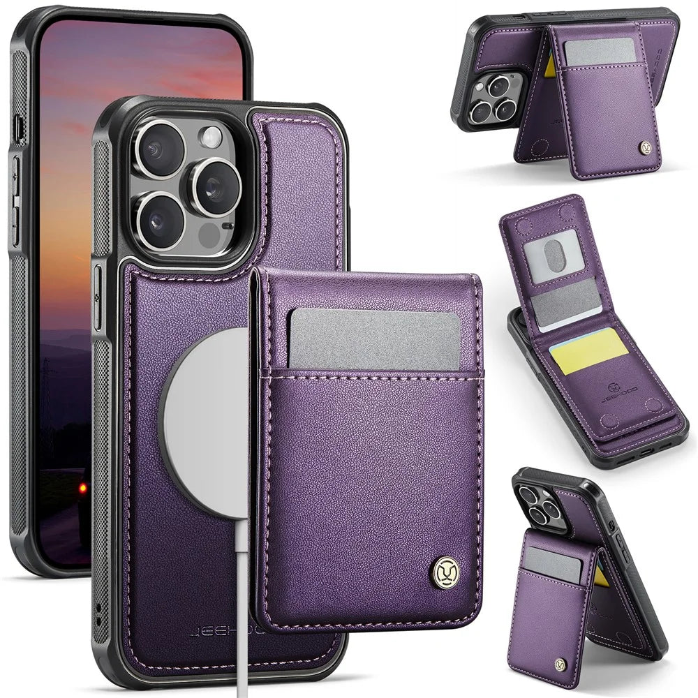 JEEHOOD For iPhone 14 Pro Leather Back Cover Compatible with MagSafe  J06 Phone Case with Card Bag RFID Blocking - Purple - 1