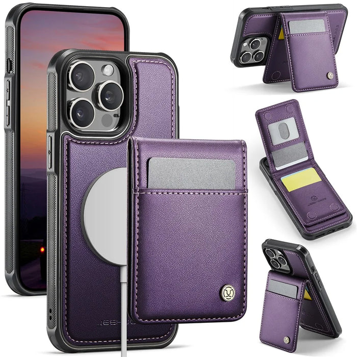 JEEHOOD For iPhone 14 Pro Leather Back Cover Compatible with MagSafe  J06 Phone Case with Card Bag RFID Blocking - Purple - 1