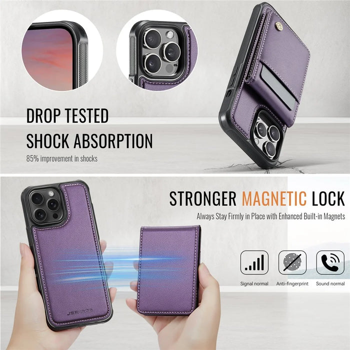 JEEHOOD For iPhone 14 Pro Leather Back Cover Compatible with MagSafe  J06 Phone Case with Card Bag RFID Blocking - Purple - 5