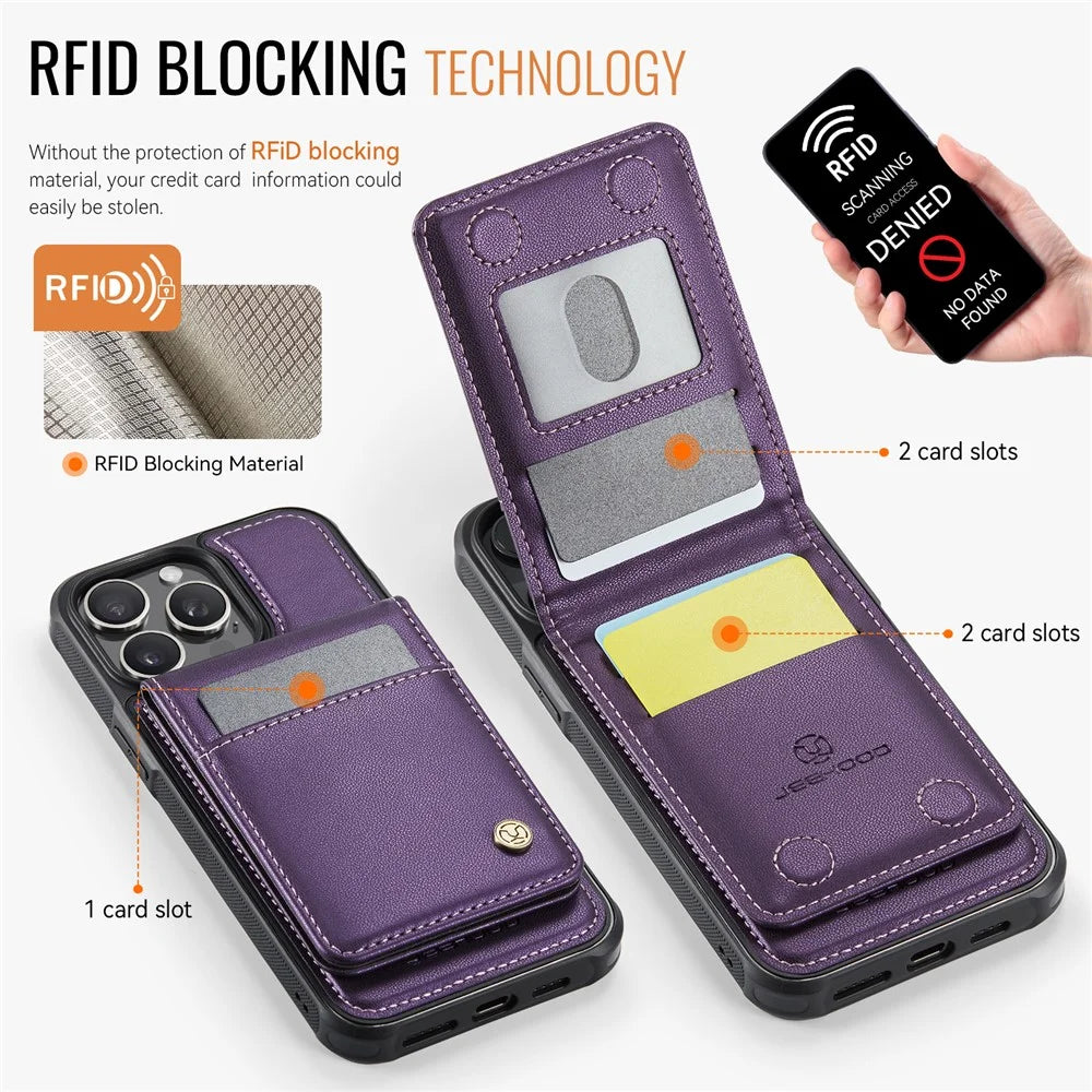 JEEHOOD For iPhone 14 Pro Max Leather Back Cover Compatible with MagSafe  J06 Phone Case with Card Bag RFID Blocking - Purple - 3