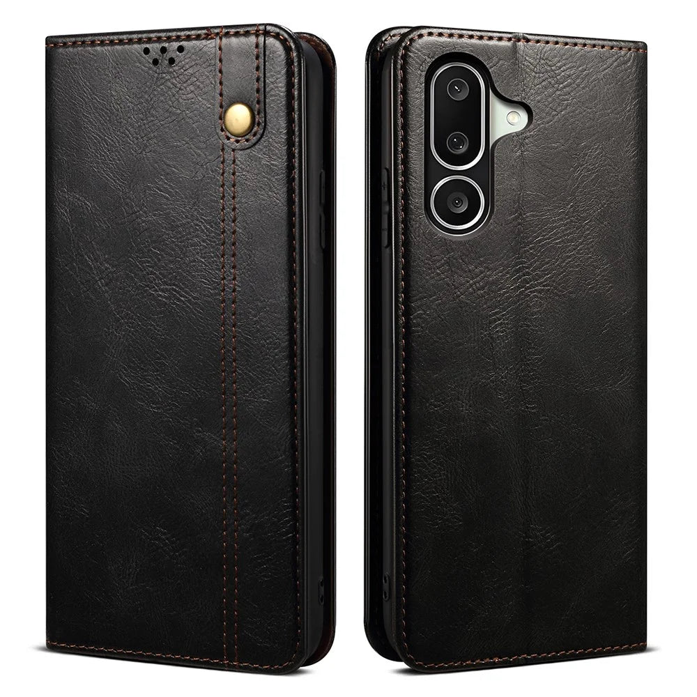 For Samsung Galaxy M56 5G Case Crazy Horse Texture Waxy Leather Wallet Stand Phone Cover - Black - 1