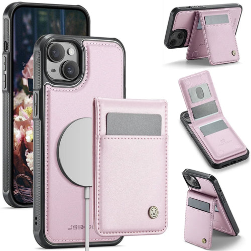 JEEHOOD For iPhone 14 Plus Leather Back Cover Compatible with MagSafe  J06 Phone Case with Card Bag RFID Blocking - Pink - 1