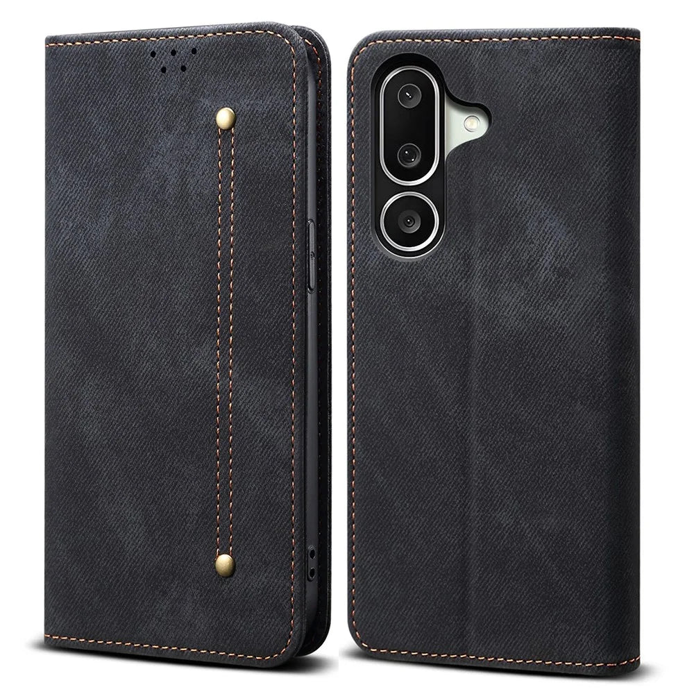 For Samsung Galaxy M56 5G Case Jeans Cloth Texture Anti-Scratch Leather Stand Phone Cover - Black - 1