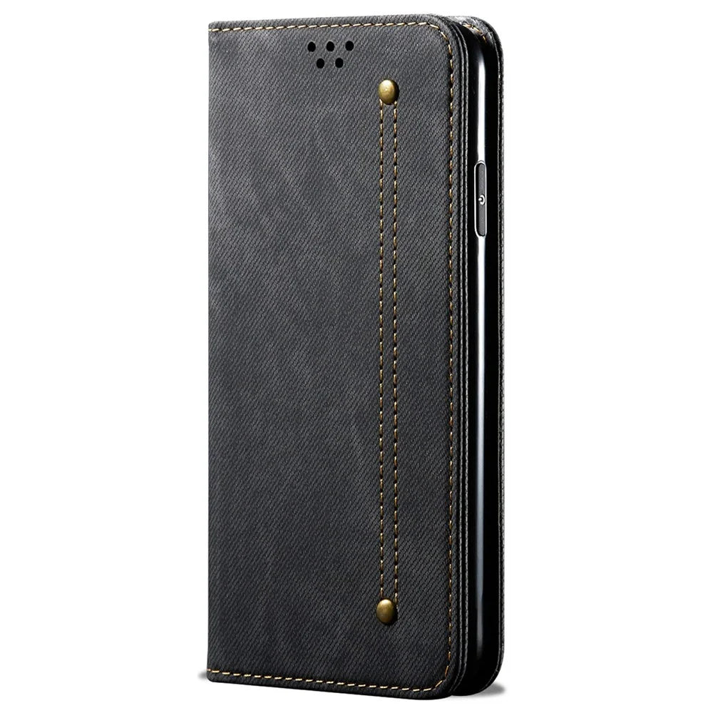 For Samsung Galaxy M56 5G Case Jeans Cloth Texture Anti-Scratch Leather Stand Phone Cover - Black - 5